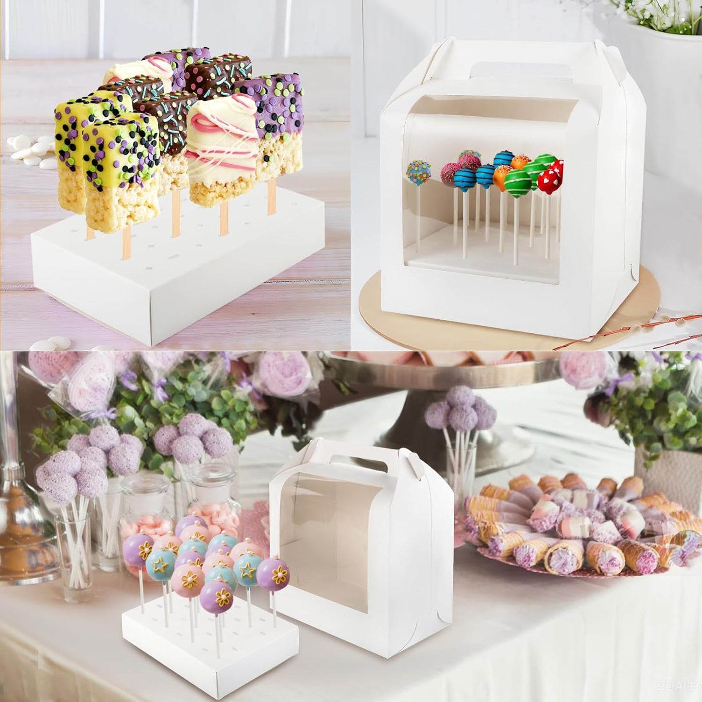 MGWOTH Cake Pop Boxes Packaging with Sticks Set, 5PCS Cakesicle Display Stand with Window, Portable Lollipops Transport Holder with 100Pcs Paper Sticks, Bakery Containers for Babyshower, Party