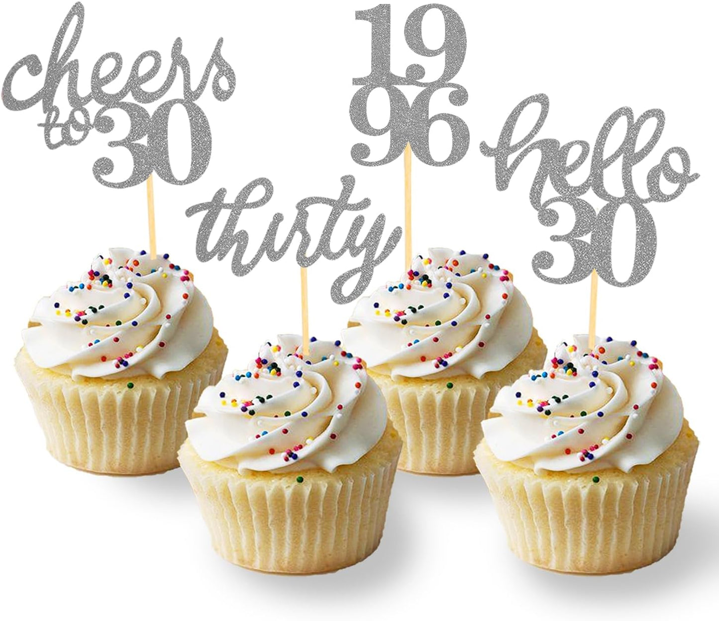24 PCS Glitter 30th Birthday Cupcake Toppers for Celebrating Thirty Years Old Birthday Party Decorations for 30th Anniversary Party Supplies (Gold)