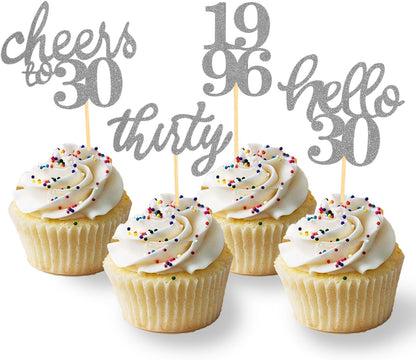 24 PCS Glitter 30th Birthday Cupcake Toppers for Celebrating Thirty Years Old Birthday Party Decorations for 30th Anniversary Party Supplies (Gold)