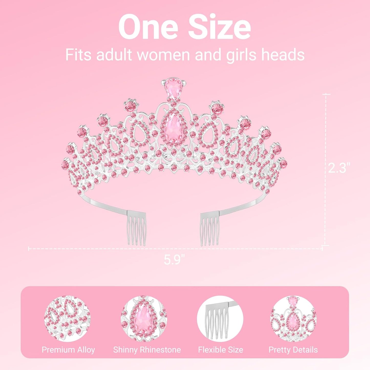Tiara Crown for Women, Headband Hair Accessories for Birthday Wedding Party Costume Pink