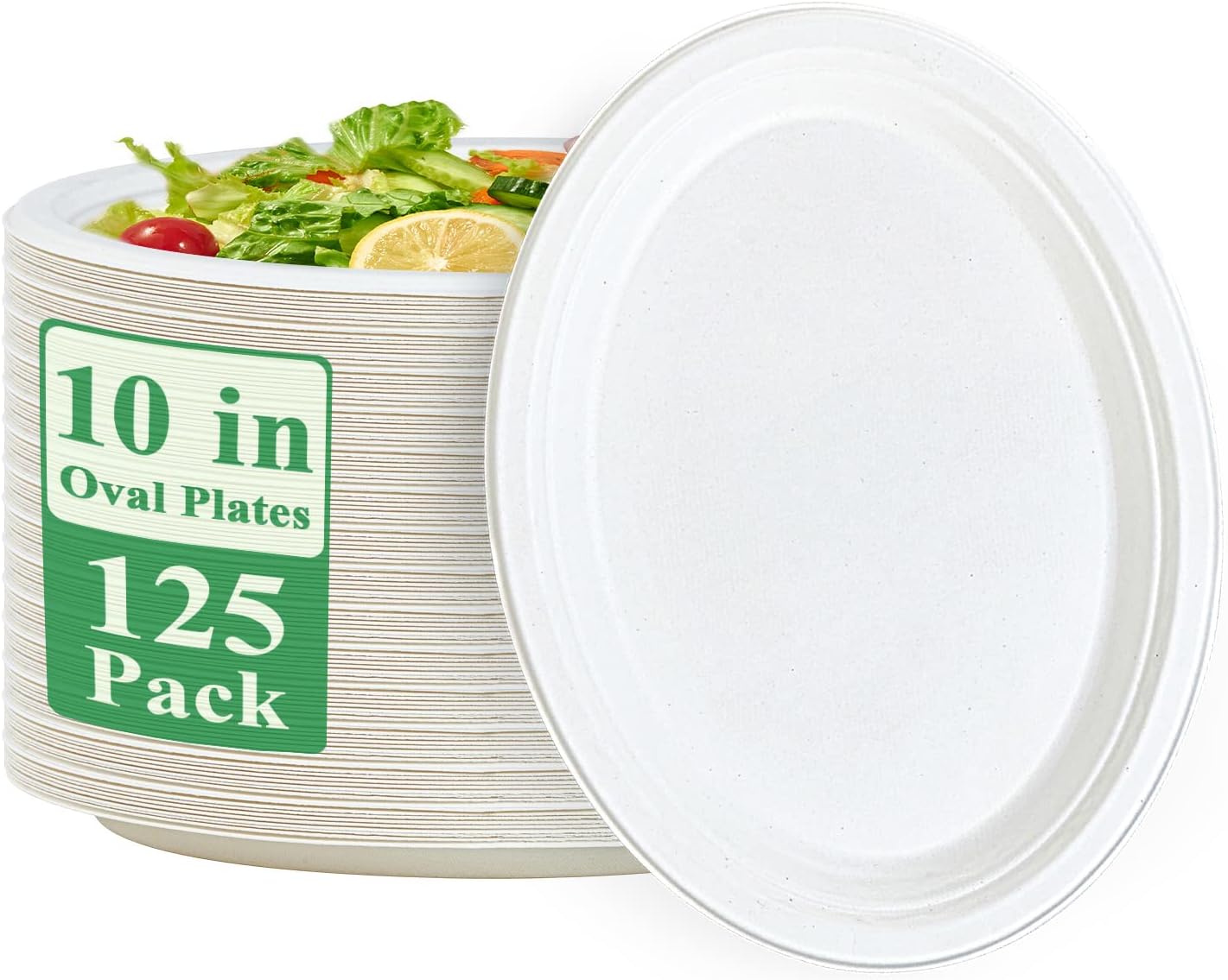 Vplus 100% Compostable Oval Paper Plates 12 inch 125 Pack Super Strong Disposable Paper Plates Bagasse Natural Biodegradable Eco-Friendly Sugarcane for BBQ, Party, Dinner, and Picnic