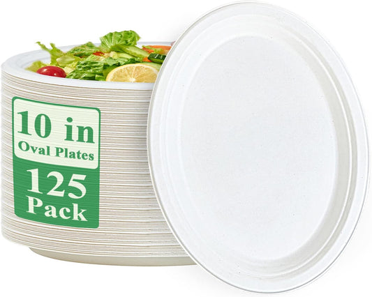 Vplus 100% Compostable Oval Paper Plates 12 inch 125 Pack Super Strong Disposable Paper Plates Bagasse Natural Biodegradable Eco-Friendly Sugarcane for BBQ, Party, Dinner, and Picnic
