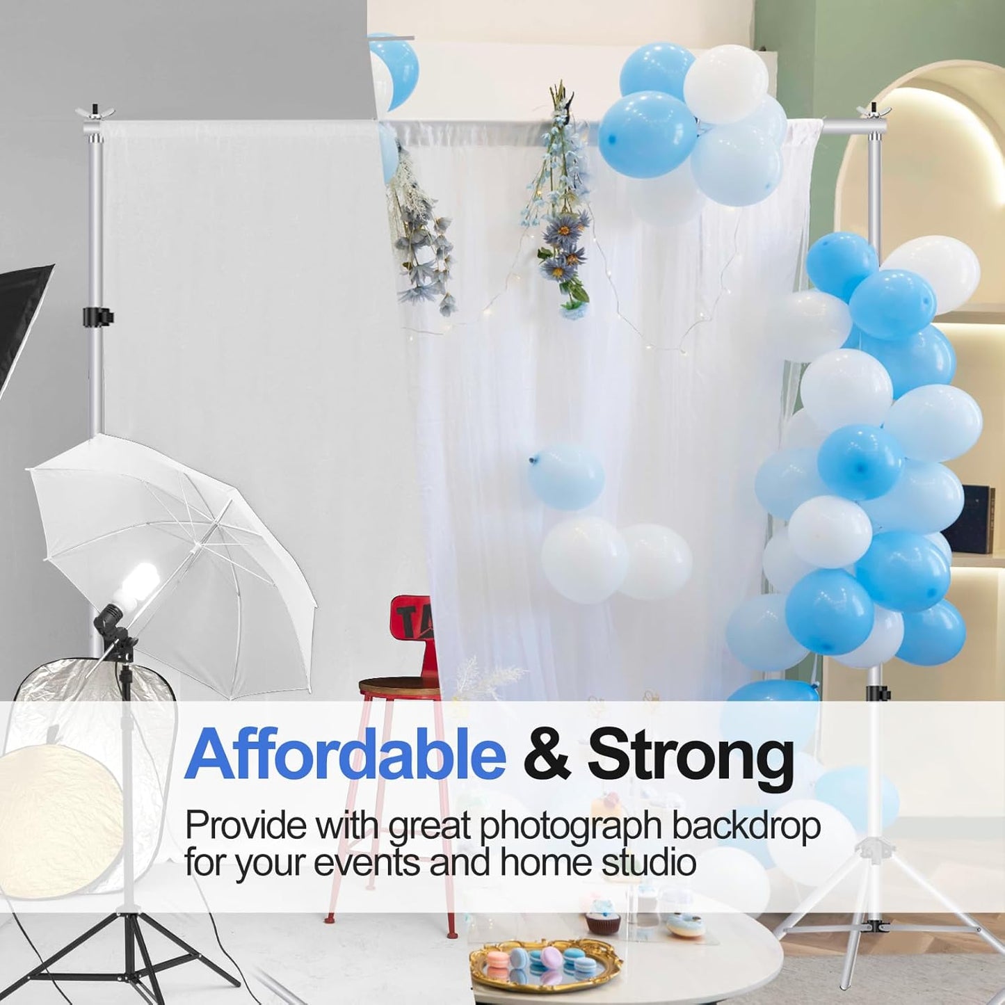 EMART Backdrop Stand 10x7ft(WxH) Photo Studio Adjustable Background Stand Support kit with 2 Crossbars, 8 Clamps, 2 Sandbags and Carry Bag for Parties, Events Decoration, Wedding, Photography -White