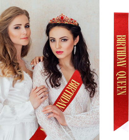 Happy Birthday Queen Tiara Crowns for Women, Red Sash, Party Favors Supplies Gift, 30th Decorations, Stuff Accessories