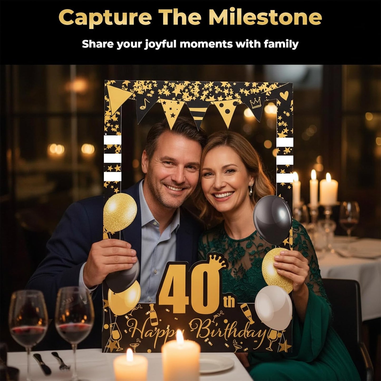 Gift for Mom Friend Wife 40 Years Celebration-40th Birthday Party Photo Frame Props, Black Gold Glitter Paper Selfie Booth Prop for Women Men, Elegant Picture Frames Backdrop Cardboard Decoration