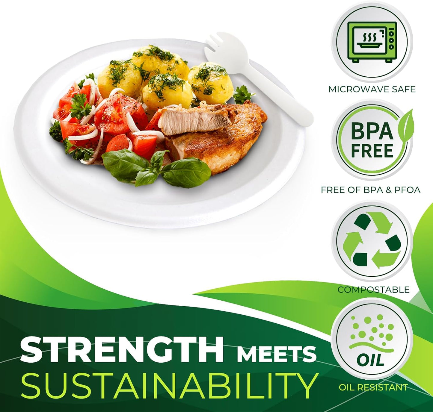 250 Piece Biodegradable Paper Plates Set (EXTRA LONG UTENSILS), Disposable Dinnerware Set, Eco Friendly Compostable Plates & Utensil include Plates, Forks, Knives and Spoons for Party