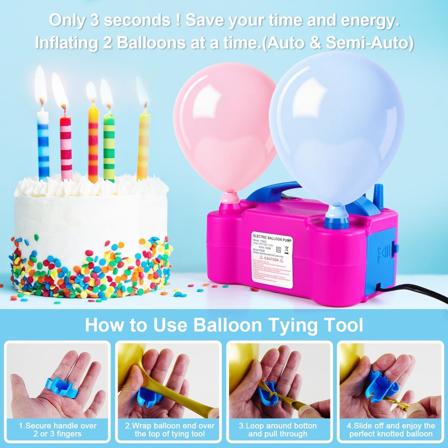 Electric Balloon Pump, Portable Electric Balloon Blower Machine Balloon Air Pump, Dual Nozzle 110V 600W Balloon Inflator for Party Decoration Christmas Birthday-Rose