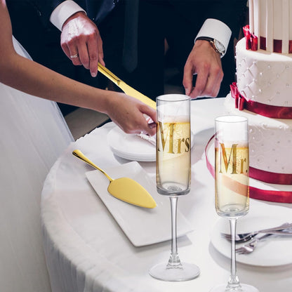 Boao 4 Pieces Wedding Toasting Flutes and Cake Server Set Wedding Reception Supplies Champagne Glasses Cake Knife Pie Server (Gold,Classic)