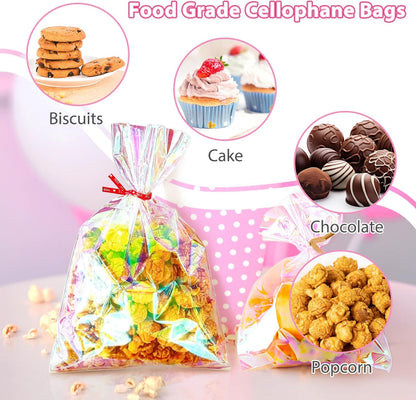 5x7 Inch Iridescent Cellophane Treat Bags with Twist Ties, Treat Bags for Candy Cookie Goodie Chocolates, And Popcorn