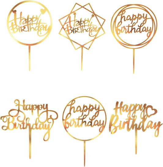 Happy Birthday Cake Toppers Gold, 18 Pcs Gold Happy Birthday Cake Topper, Acrylic Cake Decoration, Double-Sided Glitter of Birthday Cake Topper for Children or Adults (Word)