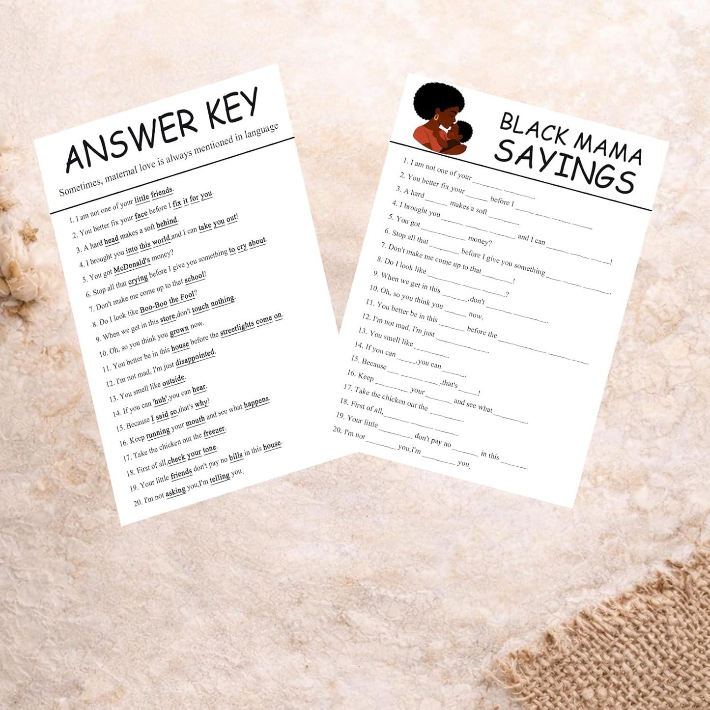 Black Mama Sayings Party Game Cards – 70 Pack Adult Icebreaker Set with Answer Keys & Markers, 5x7 Fill-in-the-Blank Maternal Wisdom Game, Cultural Humor Stationery for Adult Celebrations