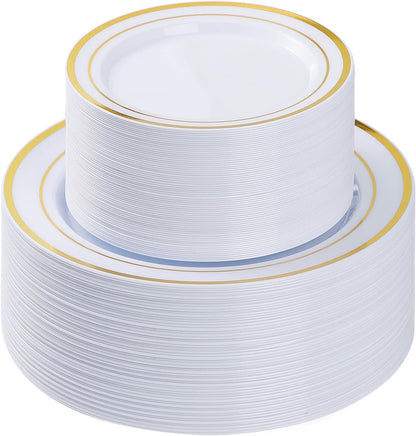 BESTVIP 200PCS Gold Plastic Plate, Disposable Party Plates with 100 Dinner Plates and 100 Dessert Plates, Plastic Plates for Party, Wedding and Birthday
