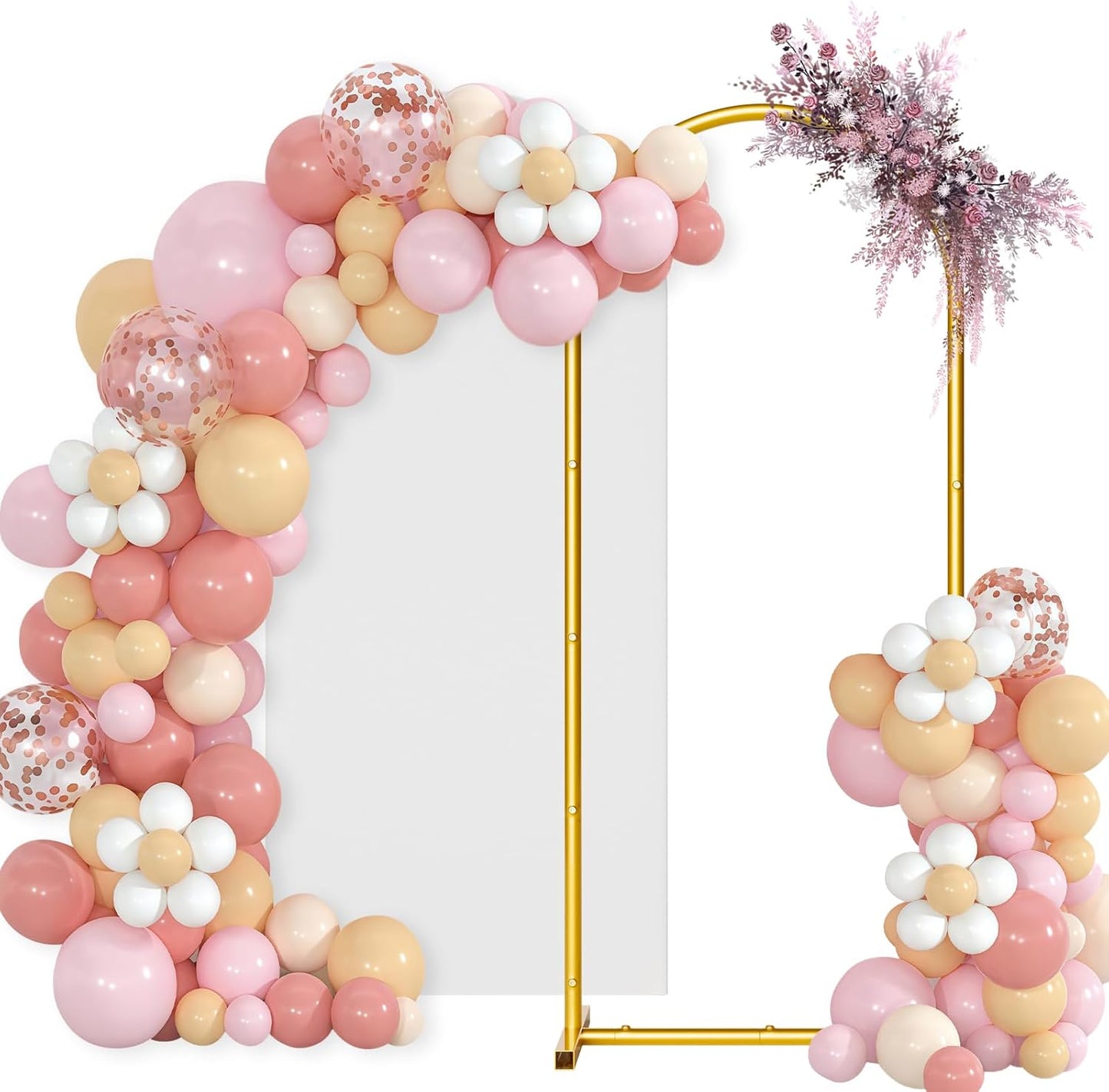 Arch Backdrop Stand and Cover Set, 7.2 x 4FT Gold Metal Wedding Arch for Ceremony, Heavy Duty Balloon Arch Stand with White Spandex Cover for Birthday Party, Baby Shower, Graduation, Event Decor