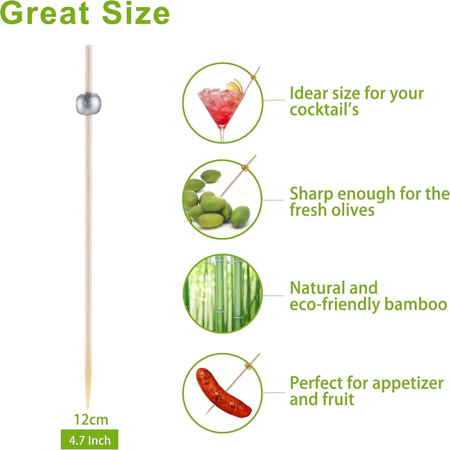 200 Pcs Cocktail Picks, 4.7 Inch Toothpicks for Appetizers, Bamboo Cocktail Sticks Skewers for Drinks, Desserts, Charcuterie, Wedding Party Fancy Toothpicks, Gold Pearl Mini Food Picks Decorative