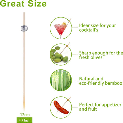 200 Pcs Cocktail Picks, 4.7 Inch Toothpicks for Appetizers, Bamboo Cocktail Sticks Skewers for Drinks, Desserts, Charcuterie, Wedding Party Fancy Toothpicks, Gold Pearl Mini Food Picks Decorative