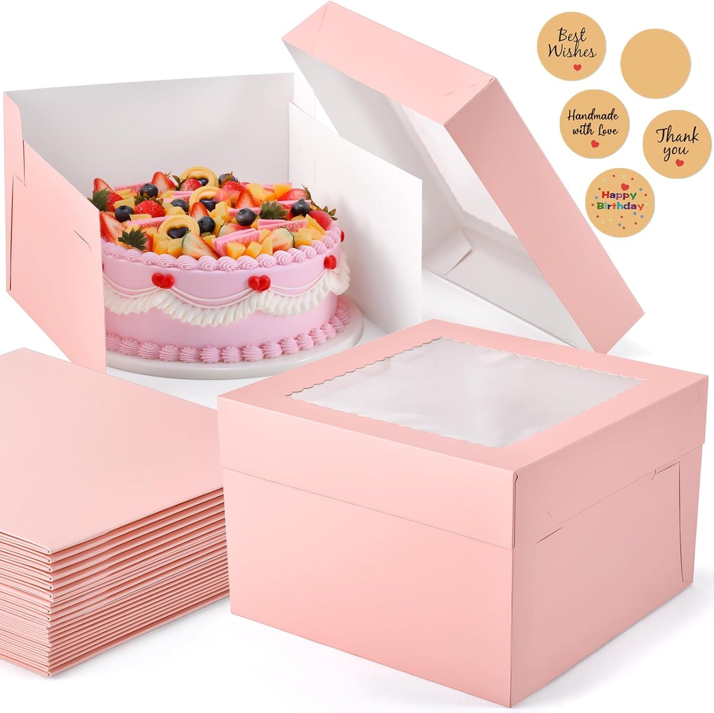 12Pcs 8x8x8 Inches Cake Boxes, Pink Square Bakery Boxes with Window, Disposable Cake Carrier Container for Pastries, Pie, Cookies, Chocolates, Cupcakes, Birthday Party, Wedding