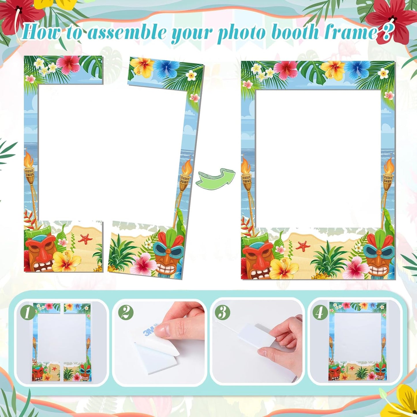 Jenaai Hawaiian Photo Booth Props Kit Luau Party Decorations 1 Hawaiian Photo Booth Frame 16 Summer Paper Eyeglasses Pool Party Selfie Props for Tropical Hawaii Luau Beach Tiki Decoration Supplies