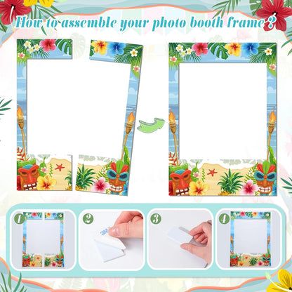 Jenaai Hawaiian Photo Booth Props Kit Luau Party Decorations 1 Hawaiian Photo Booth Frame 16 Summer Paper Eyeglasses Pool Party Selfie Props for Tropical Hawaii Luau Beach Tiki Decoration Supplies