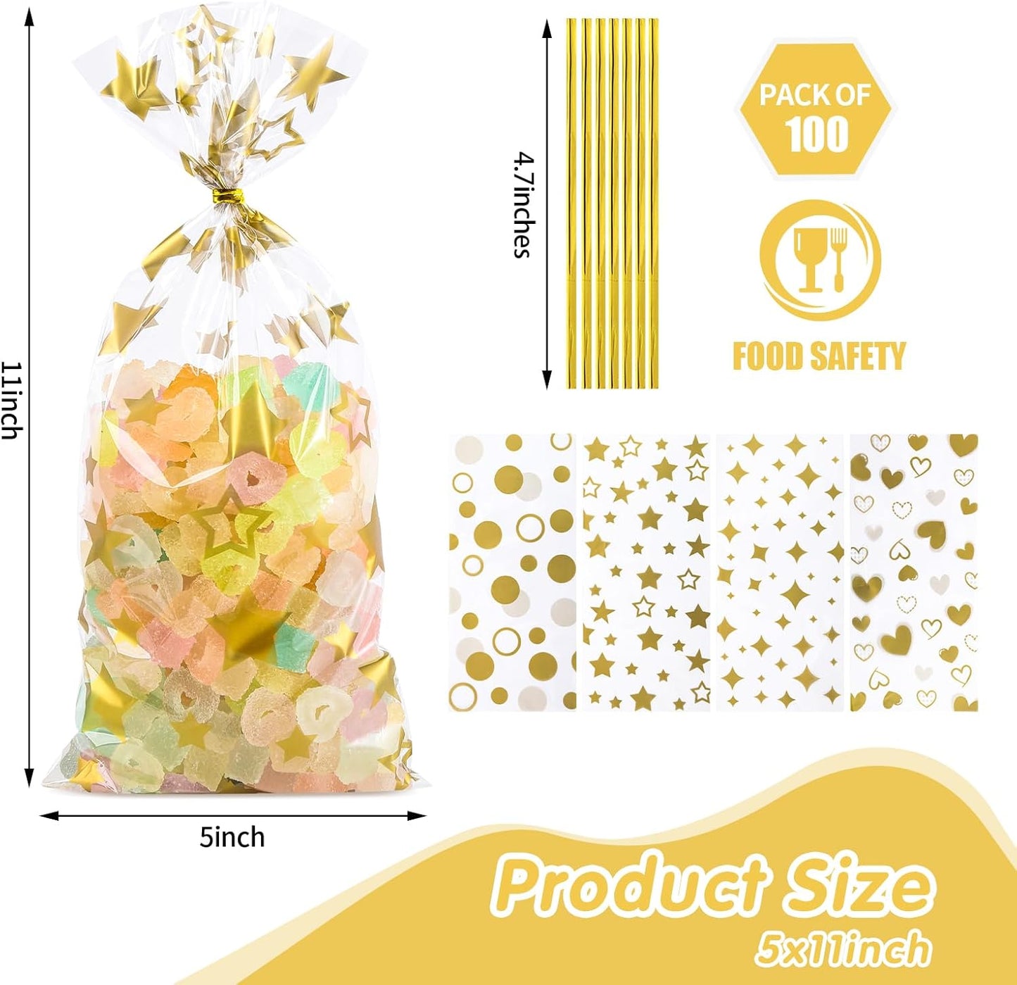 100 Pcs Star Printed 5"X 7" Gift Wrap Cello Cellophane Treat Bags Party Favor bags Clear Candy Cookie Bag Plastic Poly Goodie Storage Bag with Twist Ties for Bakery,Birthday, Wedding ,Party Decorations (Gold)