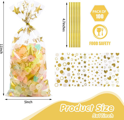 100 Pcs Star Printed 5"X 7" Gift Wrap Cello Cellophane Treat Bags Party Favor bags Clear Candy Cookie Bag Plastic Poly Goodie Storage Bag with Twist Ties for Bakery,Birthday, Wedding ,Party Decorations (Gold)