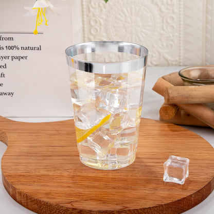I00000 100 Pack 12 oz Gold Plastic Cups, Gold Rimmed Disposable Cups, Disposable Wine Glasses Cocktail Glasses Premium Cup with Golden Rim, 12 Ounce Plastic Tumblers for Party & Wedding