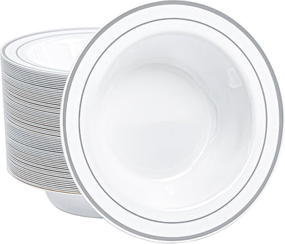 100 PCS Plastic Bowls with Gold Rim, 12oz Premium Heavy Duty Soup Bowls, Dessert and Salad Bowls for Party, Wedding and Holiday