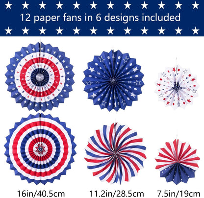 4th of July Patriotic Decorations Red White Blue Hanging Paper Fans for American Fourth of July Memorial Day Independence Day Veterans Day Party Decor Supplies Set of 12