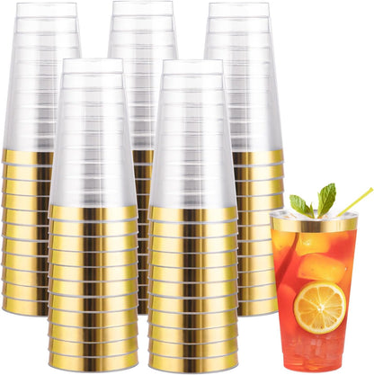 I00000 100 Pack 12 oz Gold Plastic Cups, Gold Rimmed Disposable Cups, Disposable Wine Glasses Cocktail Glasses Premium Cup with Golden Rim, 12 Ounce Plastic Tumblers for Party & Wedding