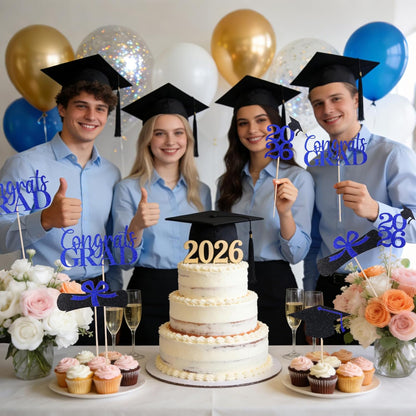 Graduation Decorations 2026, 16pcs Graduation Centerpieces for Table, Gold and Black Graduation Table Centerpieces Toppers, Class of 2026 Graduation Party Decorations Double Sided