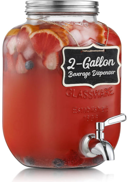 2 Gallon Glass Beverage Dispenser with Stand and Lid, 18/8 Stainless Steel Spigot - Glass Drink Dispensers for Parties - Mason Jar Drink Dispensers with Lids