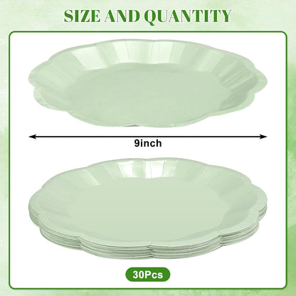 NatNarr 30 Pcs Sage Green Paper Plates, 7 Inch Scalloped Paper Plates Small Dessert Cake Plate Cute Party Plate Disposable Sage Greens Party Supplies for Wedding, Baby Bridal Shower, Birthday