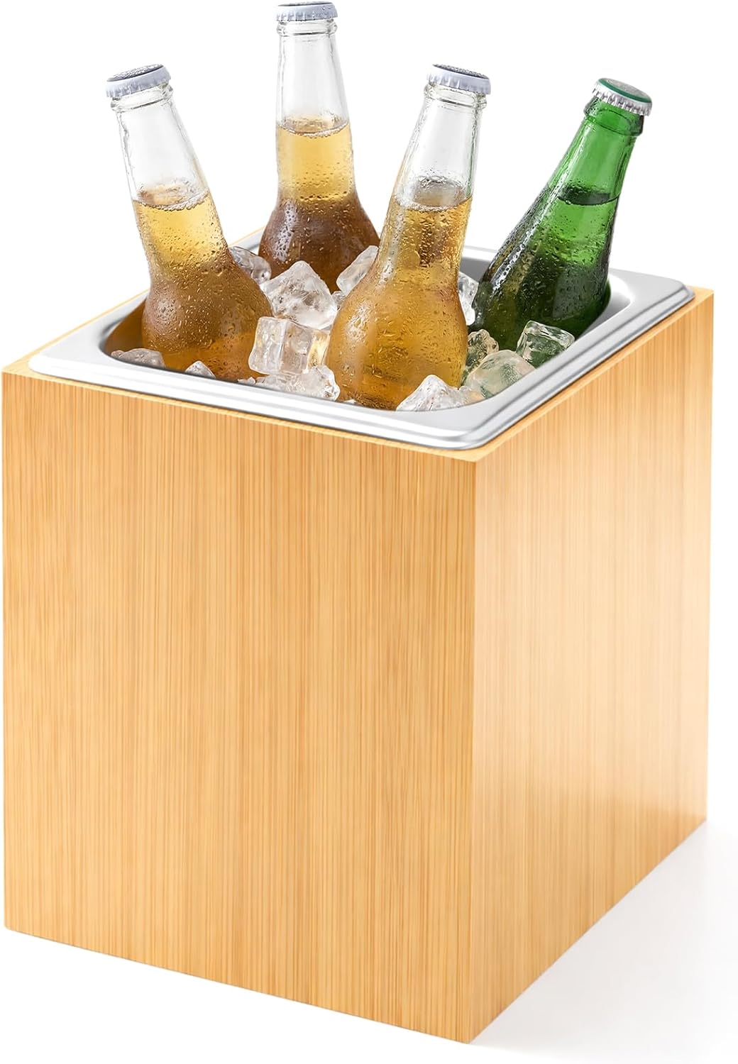 Ice Housing Bin with Removable Tray Ice Holder Container Wine Beer Champagne Drink Bucket Beverage Tub for Freezer Display Buffet Bar Counter Party Drink Chiller(Bamboo and Steel,21" X 13" X 5.5")