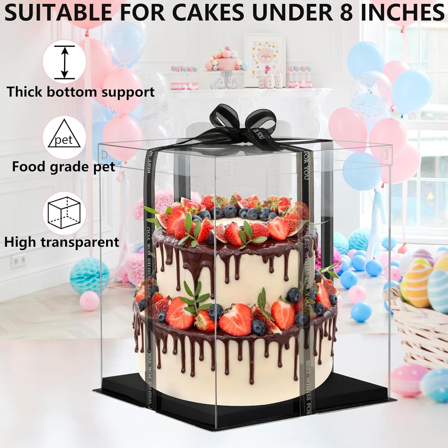 10x10x12 Inch Clear Cake Box 8Pcs - Tall Transport Container, Carrier, Treat Box, Gift Box, Display Case - Black
