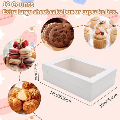 12 Sets 14x10x4 Inch White Bakery Boxes Half Sheet Cake Boxes with Window, Large Treat Boxes for Pastry Baking Cake Donuts Cupcake Pie Packaging