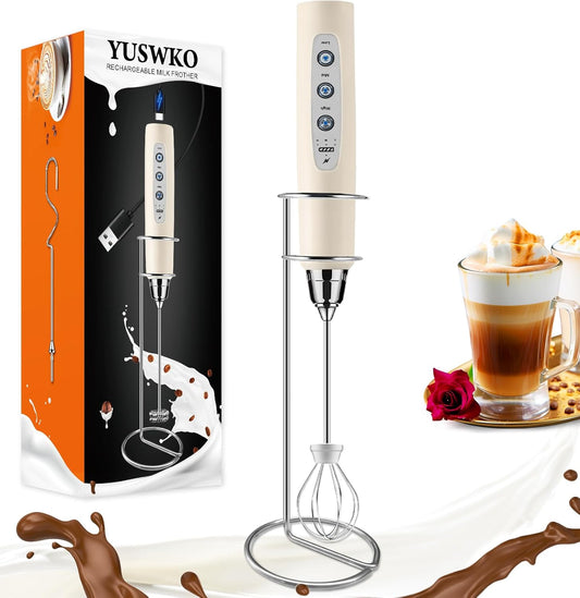 YUSWKO Black Handheld Milk Frother Wand for Coffee, Rechargeable Electric Whisk with 3 Heads 3 Speeds Drink Mixer Coffee Frother For Latte, Cappuccino, Hot Chocolate, Egg