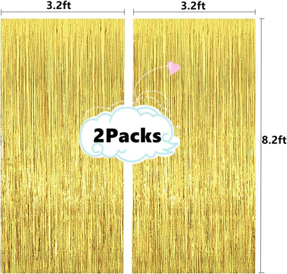 i-CHONY 2 Pcs 3.2ft x 8.2ft Champagne Gold Metallic Tinsel Foil Fringe Curtains Photo Booth Backdrop for Baby Shower Birthday Wedding Holiday Celebration Bachelorette Party Decorations
