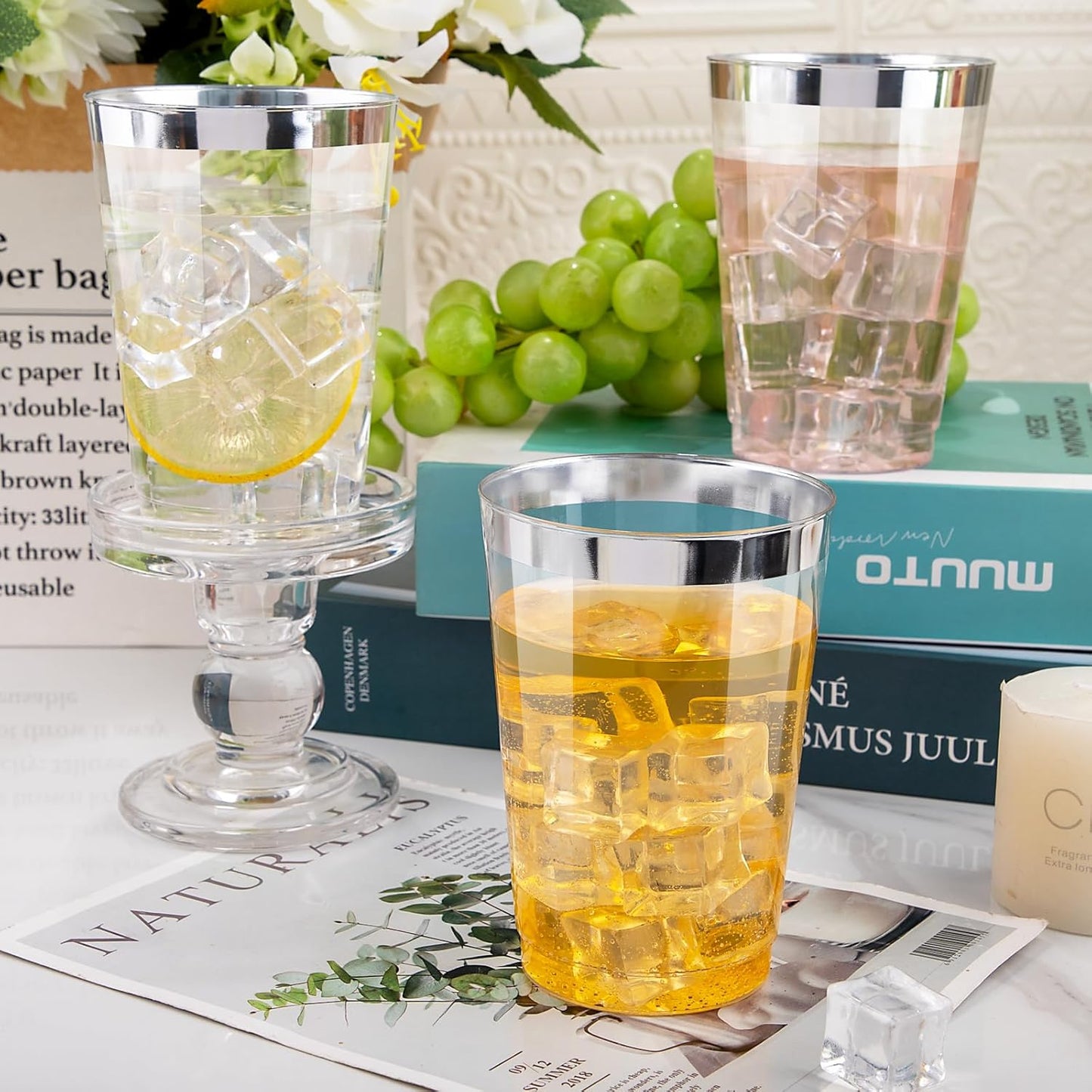 I00000 100 Pack 12 oz Gold Plastic Cups, Gold Rimmed Disposable Cups, Disposable Wine Glasses Cocktail Glasses Premium Cup with Golden Rim, 12 Ounce Plastic Tumblers for Party & Wedding