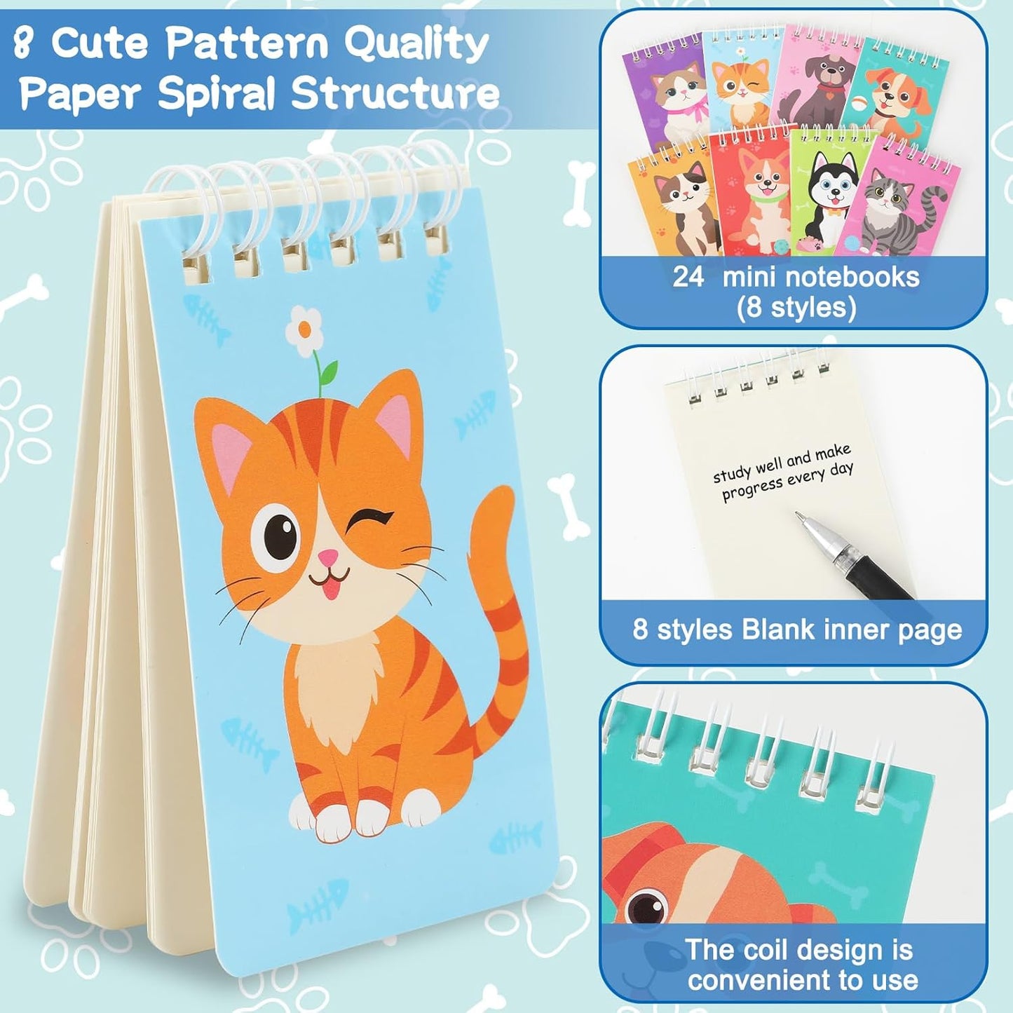 MARFOREVER 24 Pack Mini Animal Notepads Cat Dog Themed Party Favors Cat Dog Mini Spiral Notepads Pet Kitty Gifts for Birthday Teacher Students Reward School Classroom Supplies Goodie Bags Stuffers