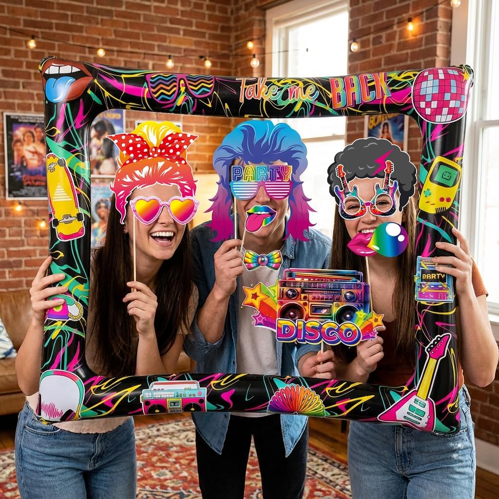 Hawaiian Photo Booth Props & Inflatable Frame, 30Pcs Luau Photobooth Props with Large Inflatable Inflatable Selfie Picture Frame for Summer Tropical Aloha Luau Party Selfie Supplies