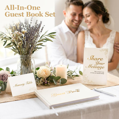 Guest Book for All Occasions – White Hardcover with Gold Foil, 120 Acid-Free Blank Pages, Includes Table Sign & Welcome Card | 8.66x6.69 Sign-in Book for Wedding, Party & Memorial