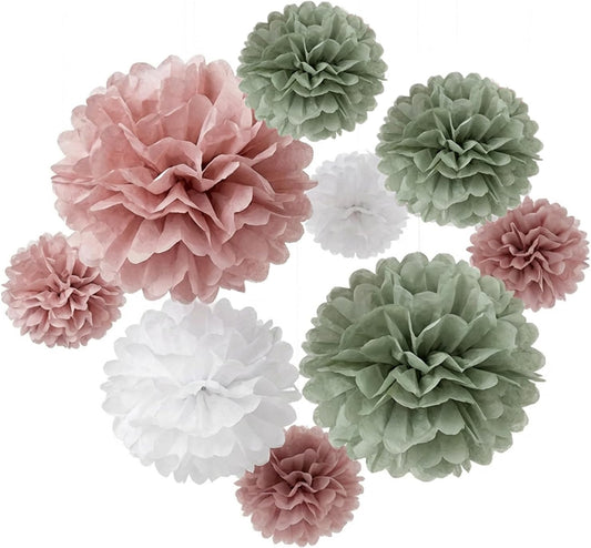 Dusty Rose & Sage Green Party Tissue Paper Pom Poms Decorations - Set of 9 12" & 10" Mixed Hanging Flowers Decor for Boho Baby Shower Backdrop, Rustic Wedding, Birthday Party