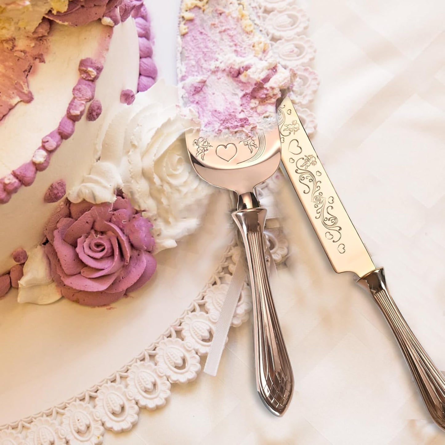 KSENDALO Wedding Cake Knife and Server Set, Rose Gold Serrated Knife Cake Cutting Set, Deluxe SUS304 Stainless Steel for Weddings, Birthdays & Anniversary (13.78inch Long)