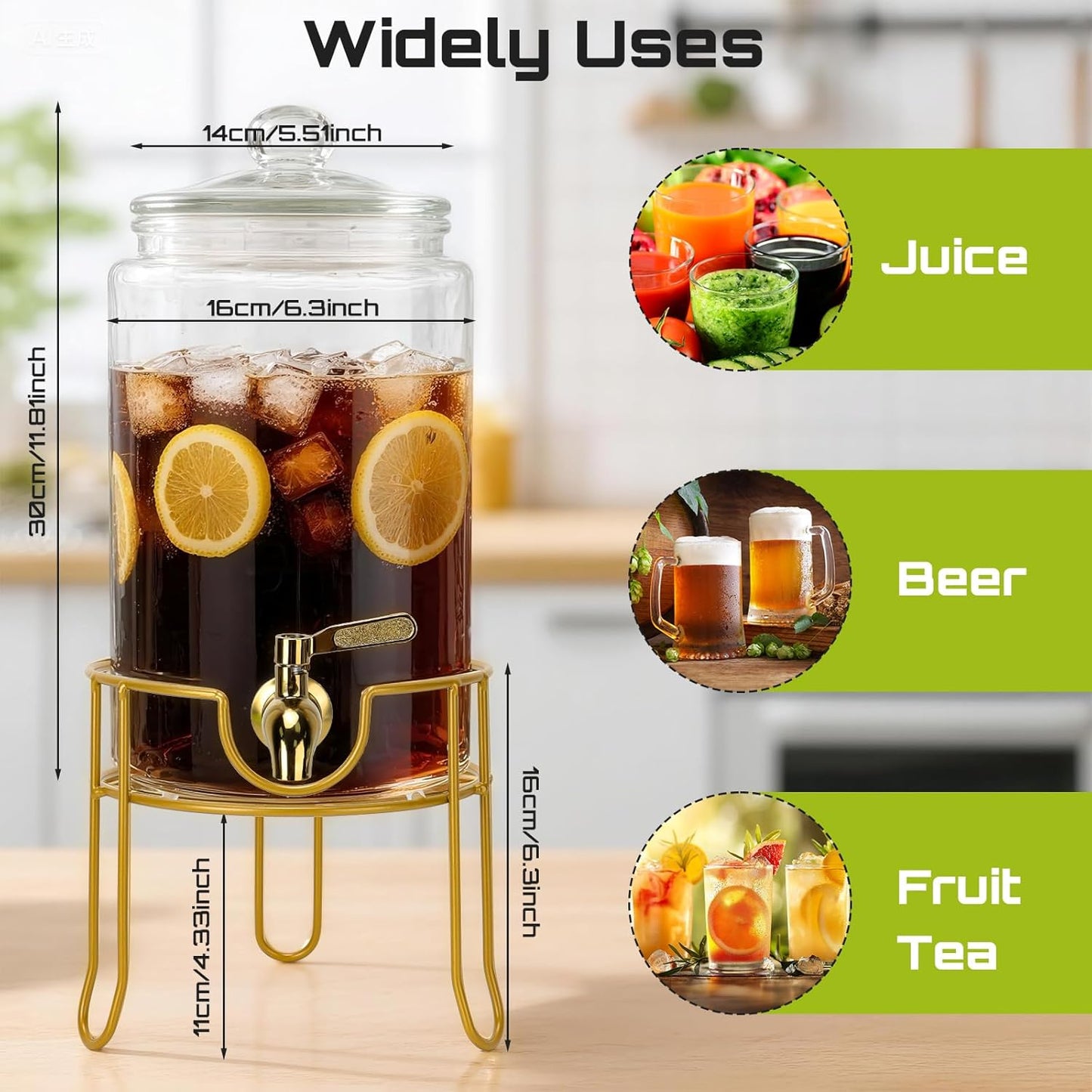 DHSBTLS 1.5 Gallon Glass Drink Dispensers, Round Beverage Dispenser for Party, BBQ and Picnic, Clear Airtight Juice Dispenser with Golden Stand, Stainless Steel Spigot, Markers and Chalkboard