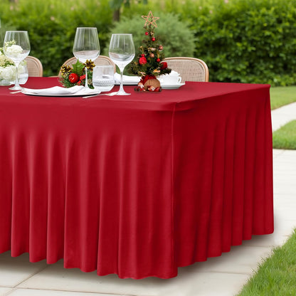 HolidayIdeas 2 Pack Spandex Table Skirt for 6 Ft Rectangle Tables, Black Fitted Stretch Tablecloth 30 x 72 Inch, Wrinkle Resistant Ruffle Design for Wedding Banquets, Trade Shows, Parties