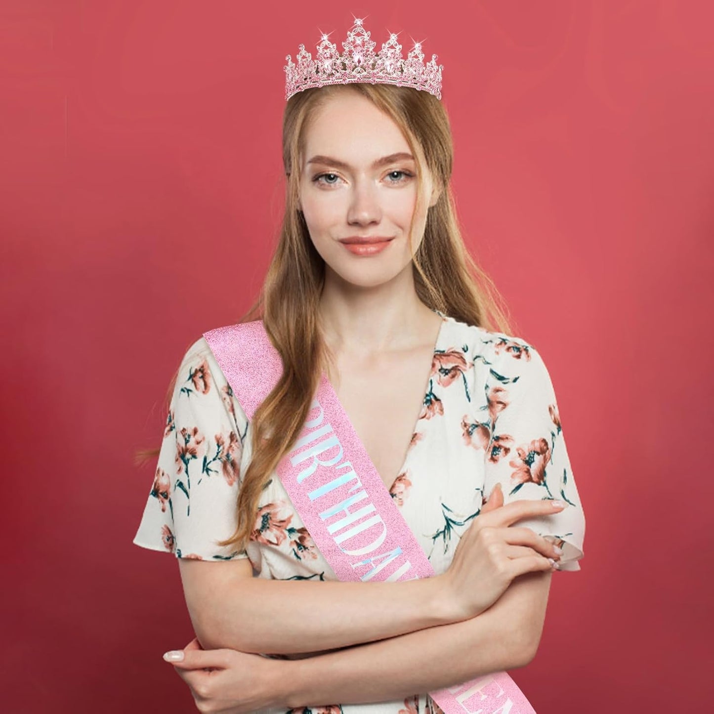 CAVETEE Red Black Birthday Crown and Sash for Women Sash & Rhinestone Tiara Set Red and Black Party Decorations Birthday Queen Crowns Tiaras for Women