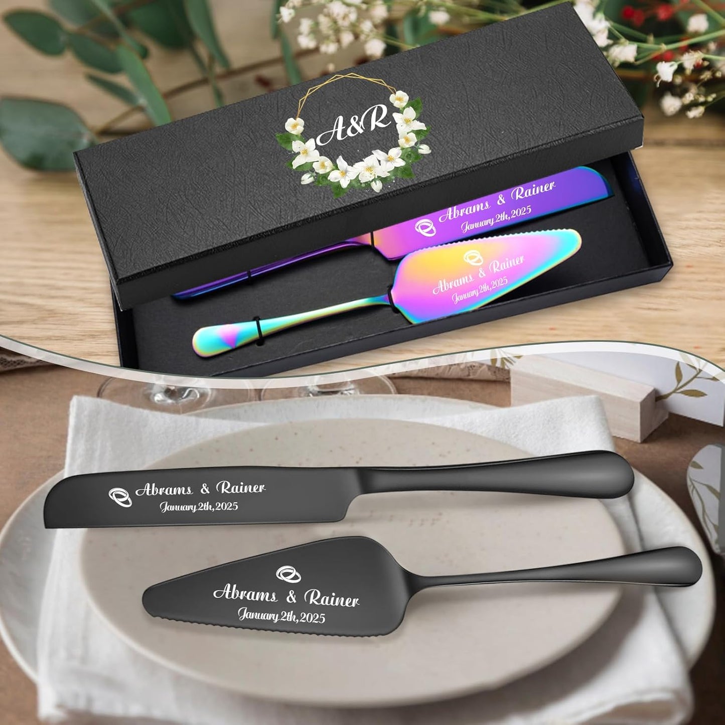 HJX Personalized Wedding Cake Knife and Server Set with Champagne Flutes, Custom Name Text Toasting Glasses for Bride and Groom, Cake Cutting Set Ideal Wedding Engagement Bridal Shower Gift