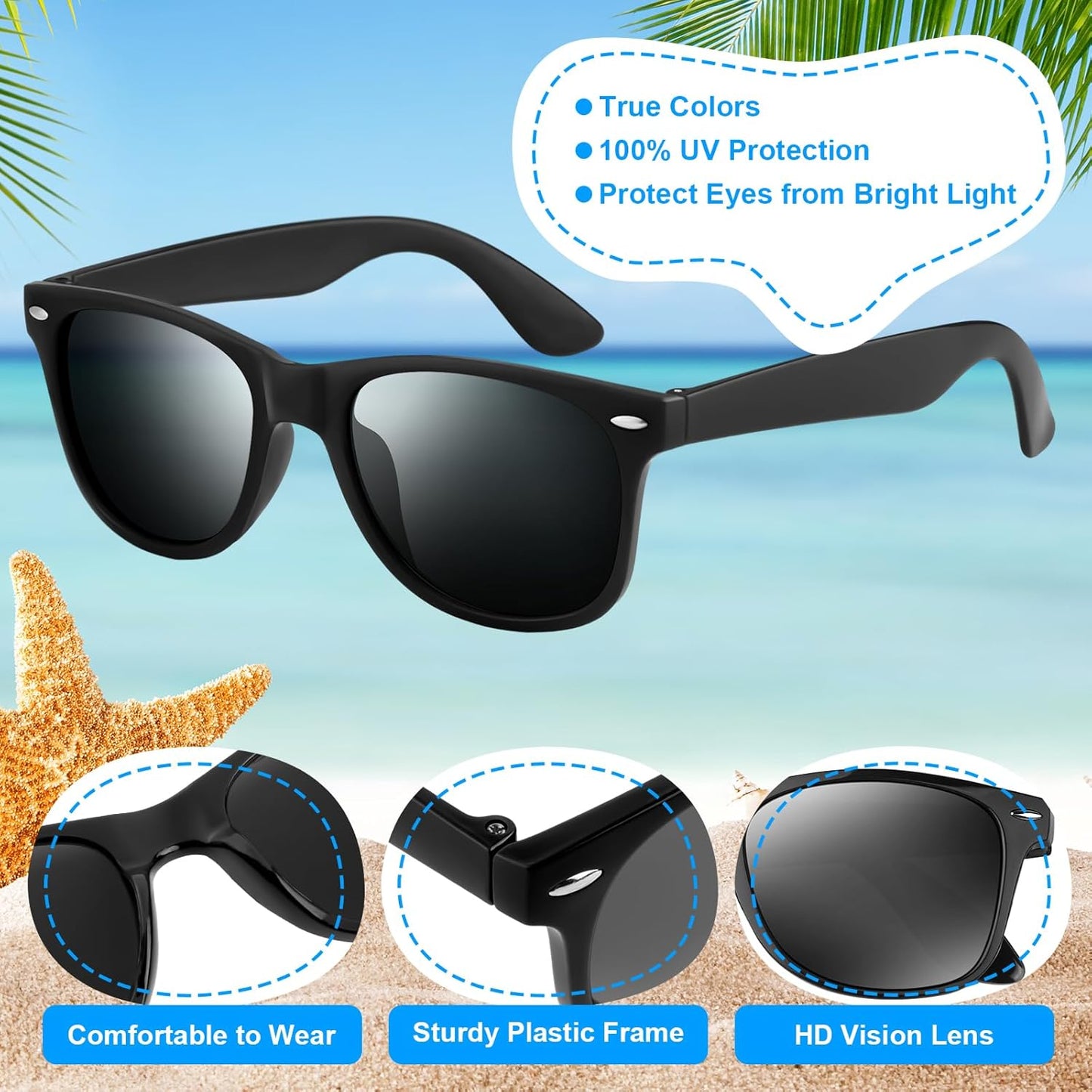 NEBURORA 6 Pack Black Sunglasses Bulk Retro Black Shades Party Sunglasses for Adult Men Women Summer Beach Party Accessories