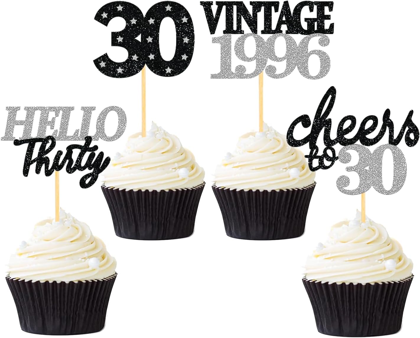24 PCS Glitter 30th Birthday Cupcake Toppers for Celebrating Thirty Years Old Birthday Party Decorations for 30th Anniversary Party Supplies (Gold)