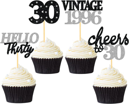 24 PCS Glitter 30th Birthday Cupcake Toppers for Celebrating Thirty Years Old Birthday Party Decorations for 30th Anniversary Party Supplies (Gold)