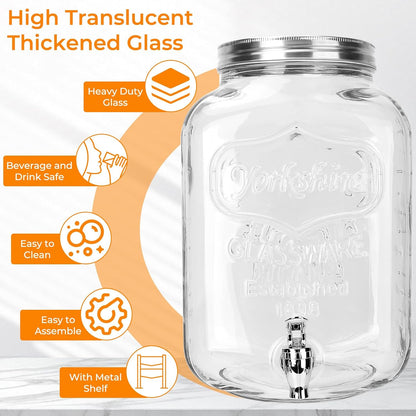 1 Gallon Glass Drink Dispensers, 2 Pack Clear Beverage Dispenser with Stand and Spigot for Parties, Drink Dispenser with Ice Core and Sticker for BBQ, Picnic, Lemonade Dispenser